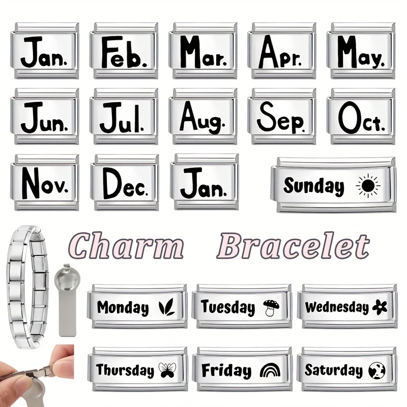 Laser-Engraved Black Lettering Style Bracelet, Months and Days